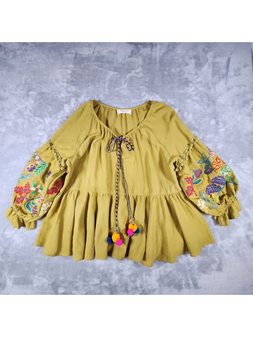 RYYF Embroidered Balloon Sleeve Top 2X Peplum Tie Pom Poms Boho Hippie Peasant